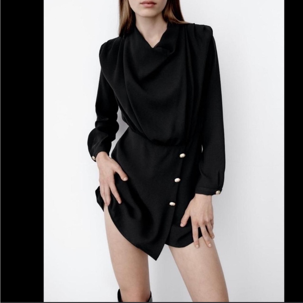 Zara Black Long-Sleeve Draped Mini Dress with Pearl Detail